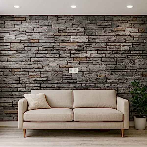 Gri taş duvar kaplama iç mekan salon dekorasyonu