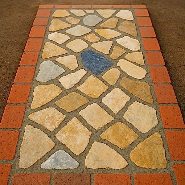 Kayrak taşı bahçe döşeme modeli – tuğla bordürlü dekoratif doğal taş zemin