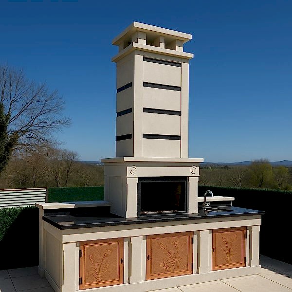 Geniş tezgah ve kapaklı depolama alanına sahip barbekü modeli