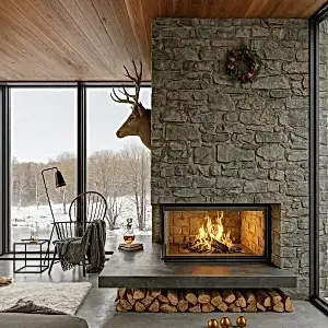 Odunlu taş şömine ile sıcak oturma odası