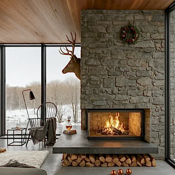 Odunlu taş şömine ile sıcak oturma odası