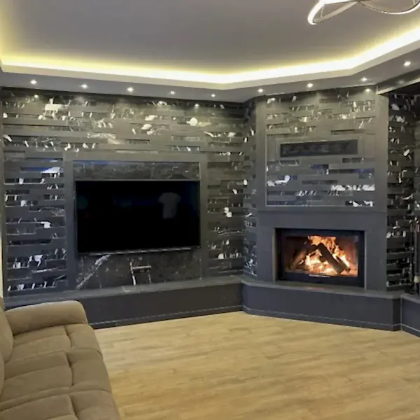 Siyah mermer şömine Model 3 – Modern tasarım oturma odası dekorasyonu