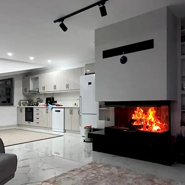 Salon içinde modern şömine modelleri örneği – mutfakla birlikte kullanım