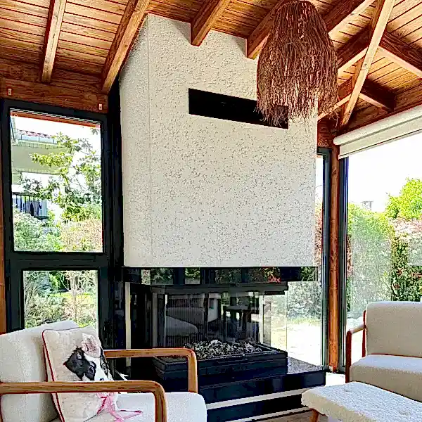 Dekoratif taş duvar şömine detaylı görünüm