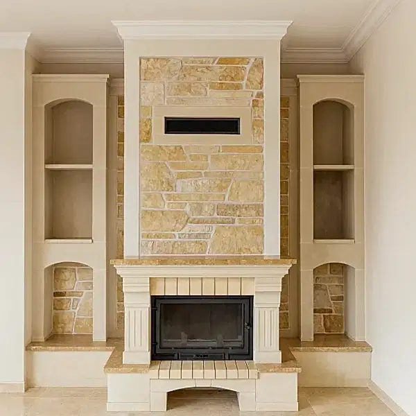 Doğal taş kaplama şömine ön cephe görünümü